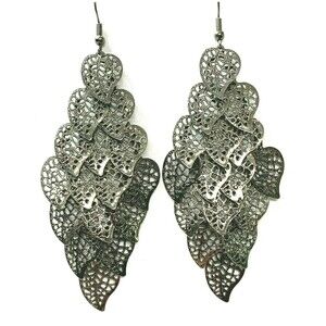 Bronze Tone Earrings Long Cascading Articulated Open Leaves Lacey Leaf Filigree
